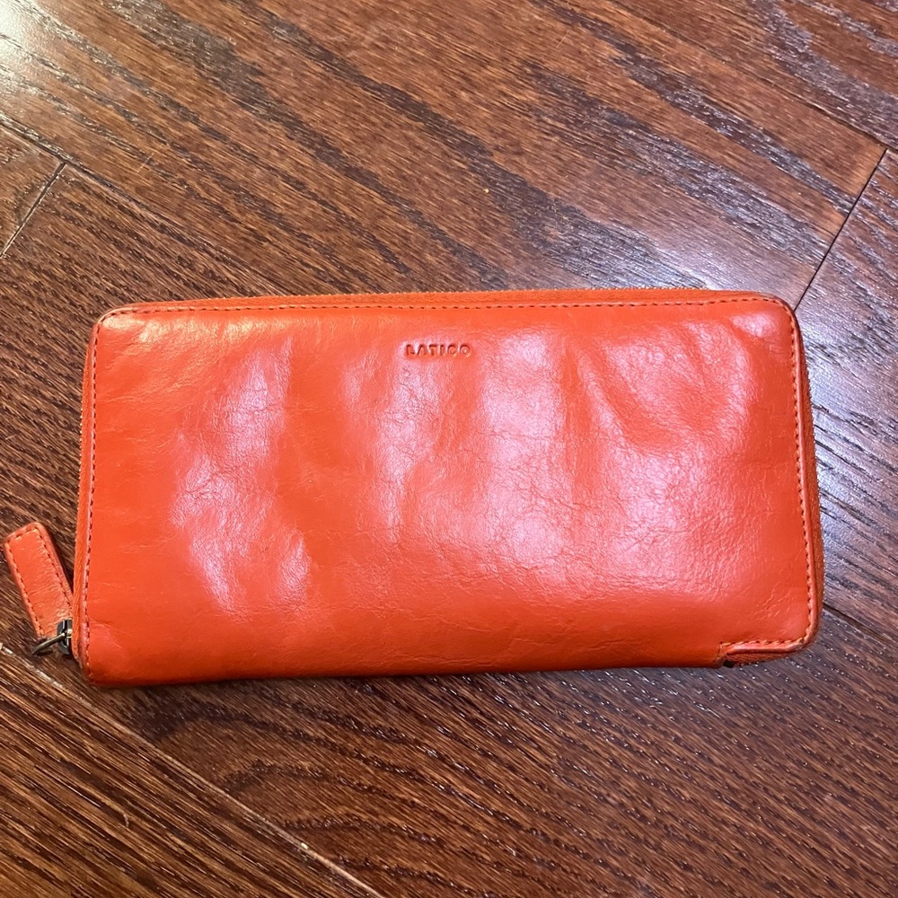 Latico red orange zippered leather wallet